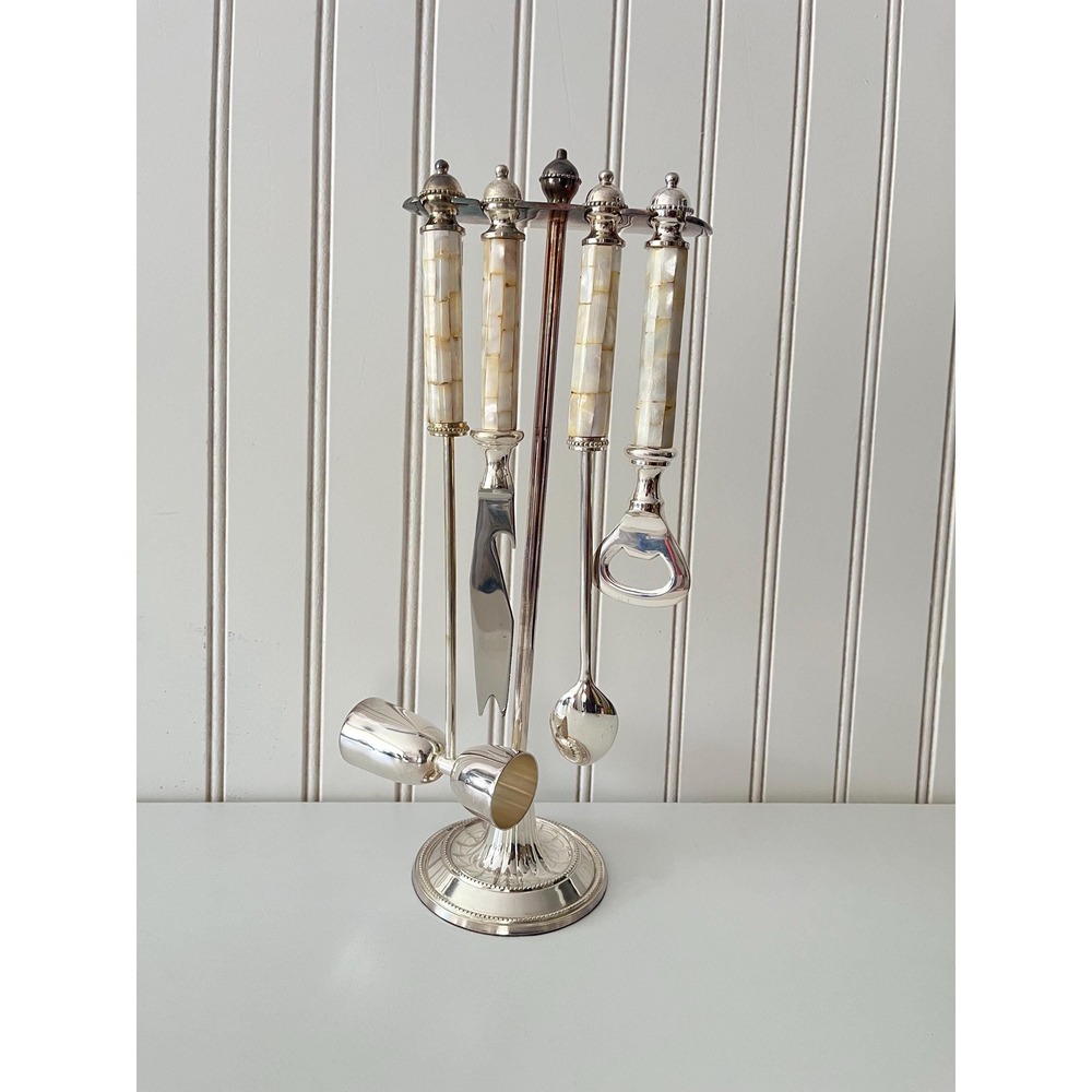 Towle Silversmiths Mother of Pearl Five-Piece Bar set. Silverplated, Brand NEW